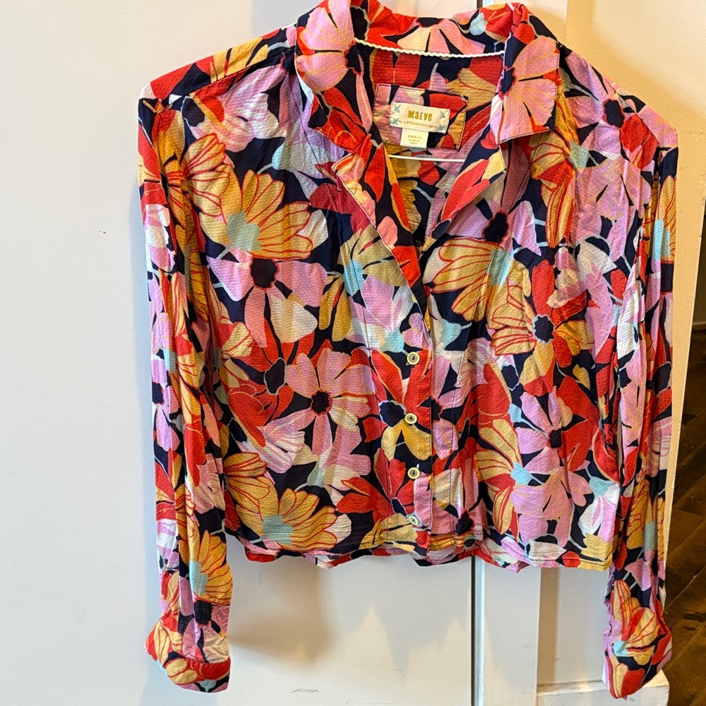 Maeve Vibrant Floral Button-Down Shirt - Red, Pink, Yellow.